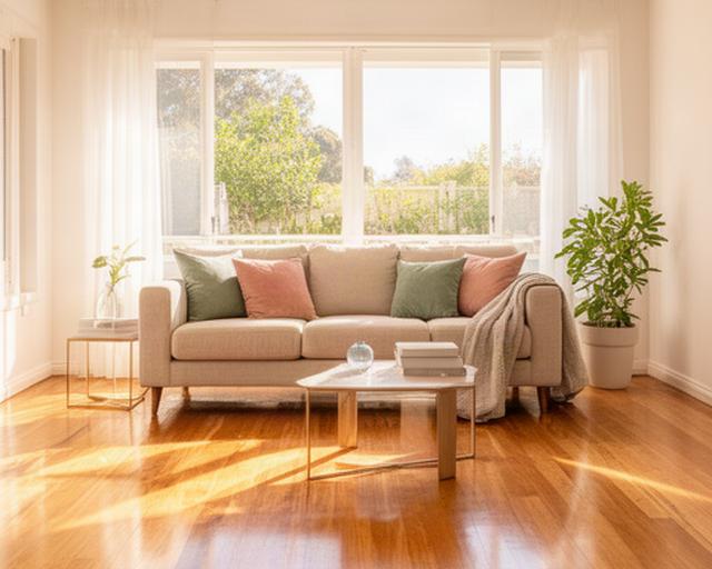 Bright, tidy living room in a Whyalla Norrie home with warm natural light and clean timber floors