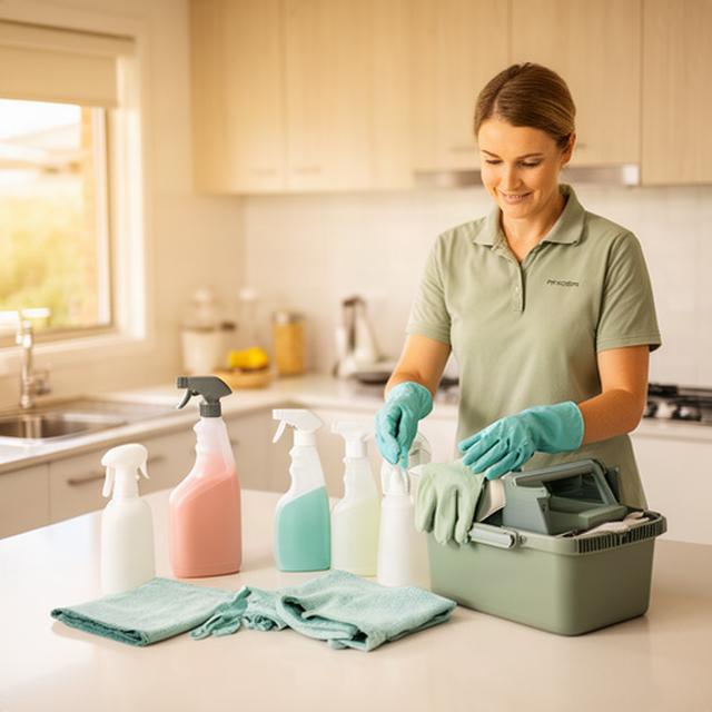Cleaning professional preparing supplies in a bright Whyalla Norrie home kitchen
