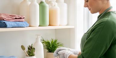 Flakyta Marysol arranging plant-based cleaning products on a bright utility shelf