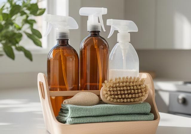 Eco-friendly cleaning caddy with refillable bottles and microfiber cloths in a bright Whyalla Norrie home