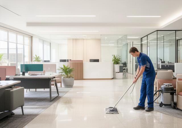 Bright clean office reception in Whyalla Norrie with polished floors, clear desks and a professional cleaner at work