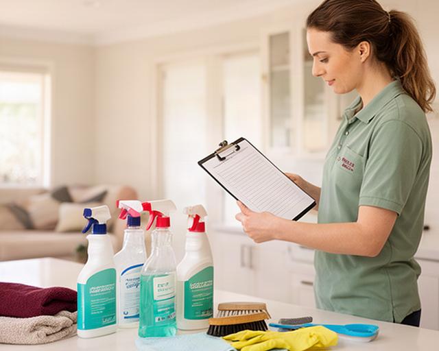 Cleaning professional reviewing a service checklist beside neatly arranged supplies in a bright South Australian home